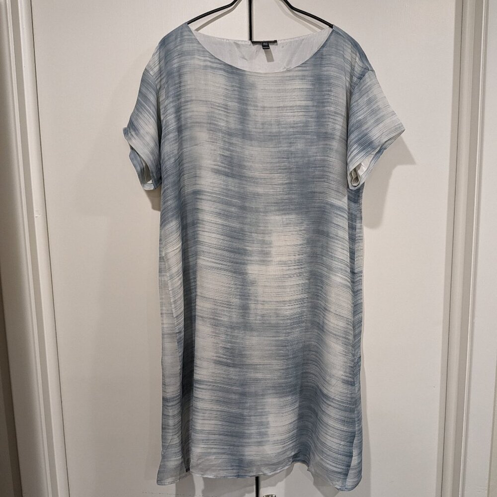 Eileen Fisher blue-steel daze print brushstroke silk dress, petite medium